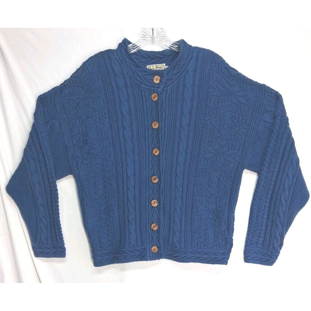 LL Bean Blue Cable Knit Wood Button Front Cardigan Women Med Fisherman Sweater